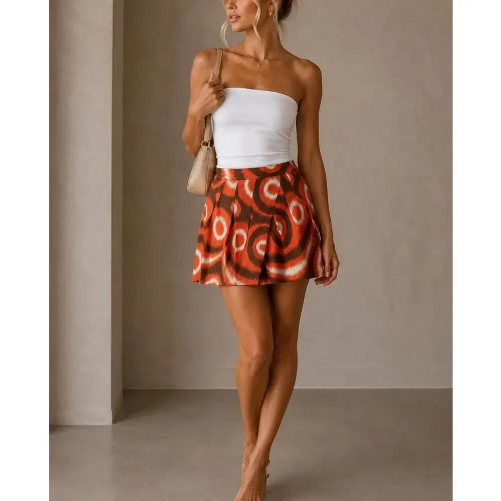 Tory Burch X Bergdorf Goodman Orange & Brown Linen Pleated Mini Skirt Womens 4